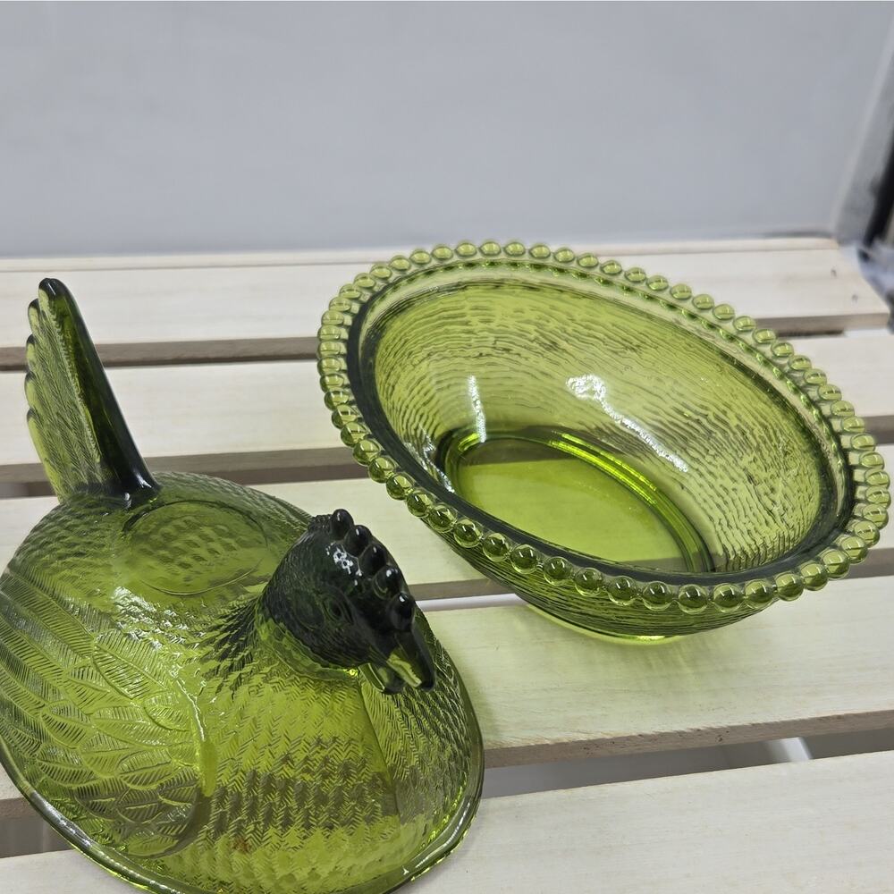 Indiana Green Pressed Glass Hen on Nest Covered Dish with Lid Oval 2-Piece Set - Picture 4 of 5